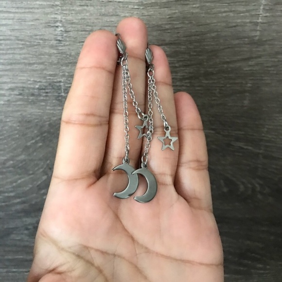Moon and Star Stainless Steel Dangle Earrings - Picture 3 of 3
